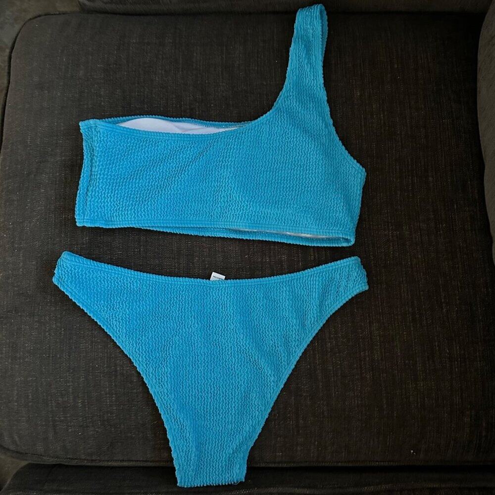 Women Blue Ribbed One Shoulder High Waist Cheeky Bikini Swimsuit Size M NWT